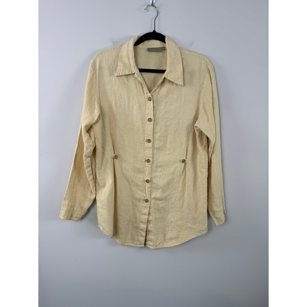 IVY Linen Shirt Yellow M Long Sleeve Button Down Blouse Button Tab Tailoring